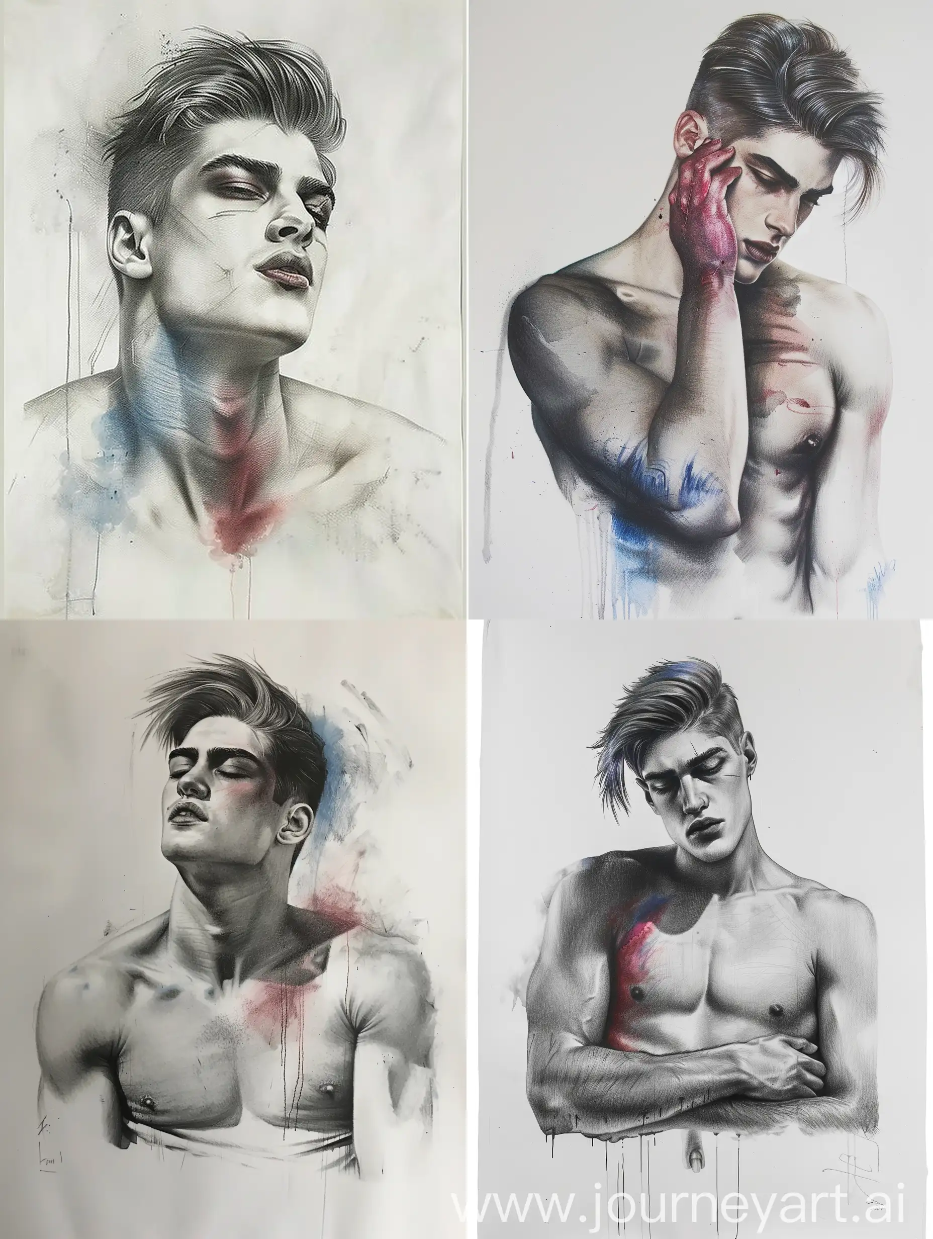 hyper realistic pencil sketch of a model with water colors at some parts of his body