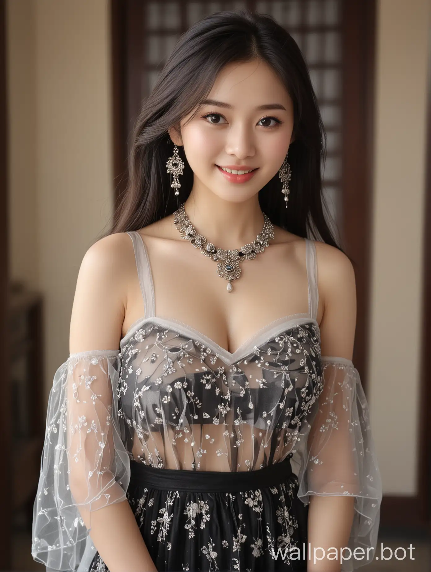 Generate an image of most beautiful (Shaanxi Provinces china) actress big tits cute pretty girl 18 years old ,  A-line Dress Transparent  ,  with a fair skin tone and long hair black. She has a round smile face . The background is a modern house interior. The camera shot captures her from head to stomach . She is wearing makeup and has a necklace , jhumka ear ring and bracelet on.