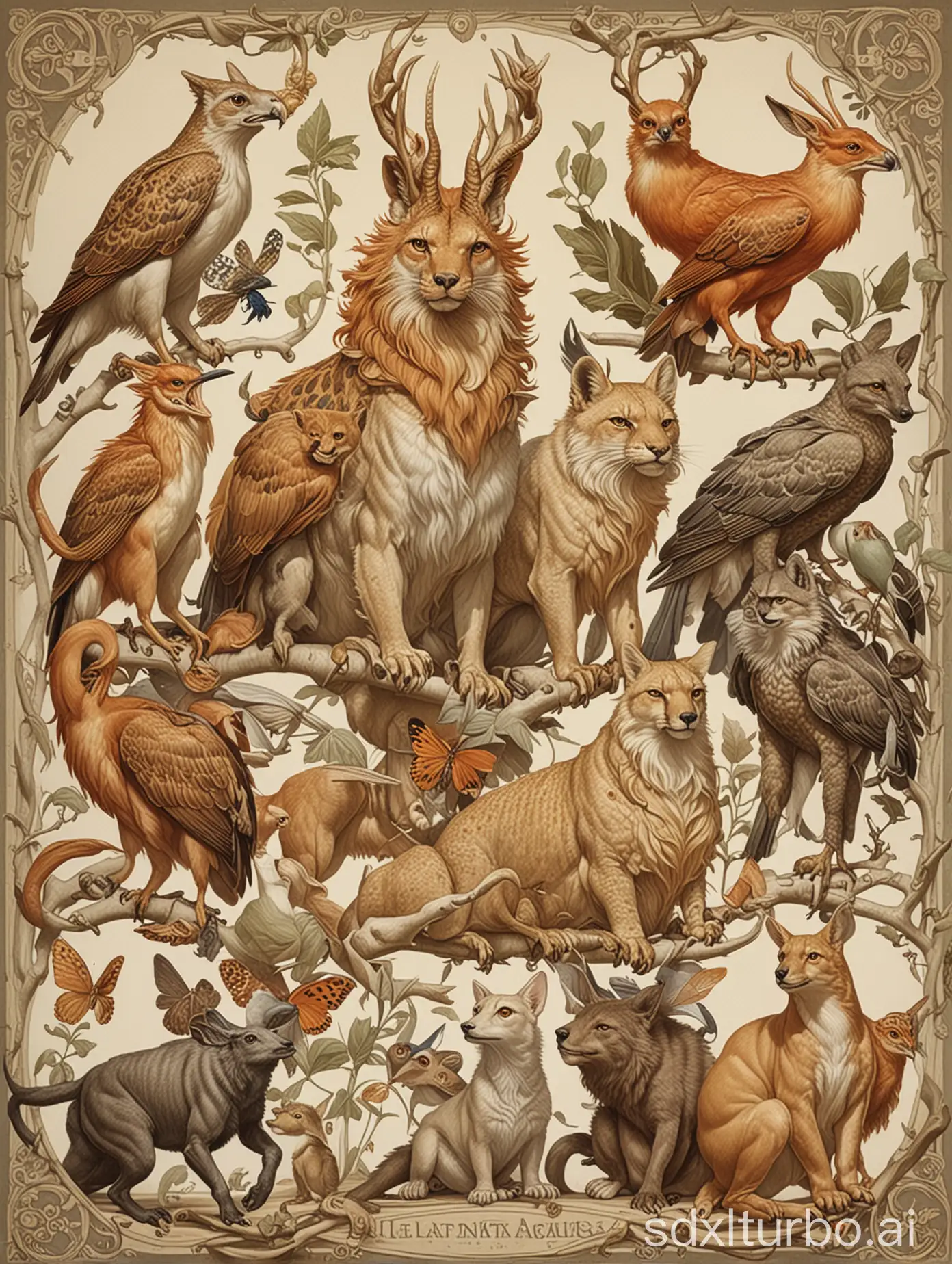 natural history illustration of various fantasy animal hybrids in Leyendecker illustration style