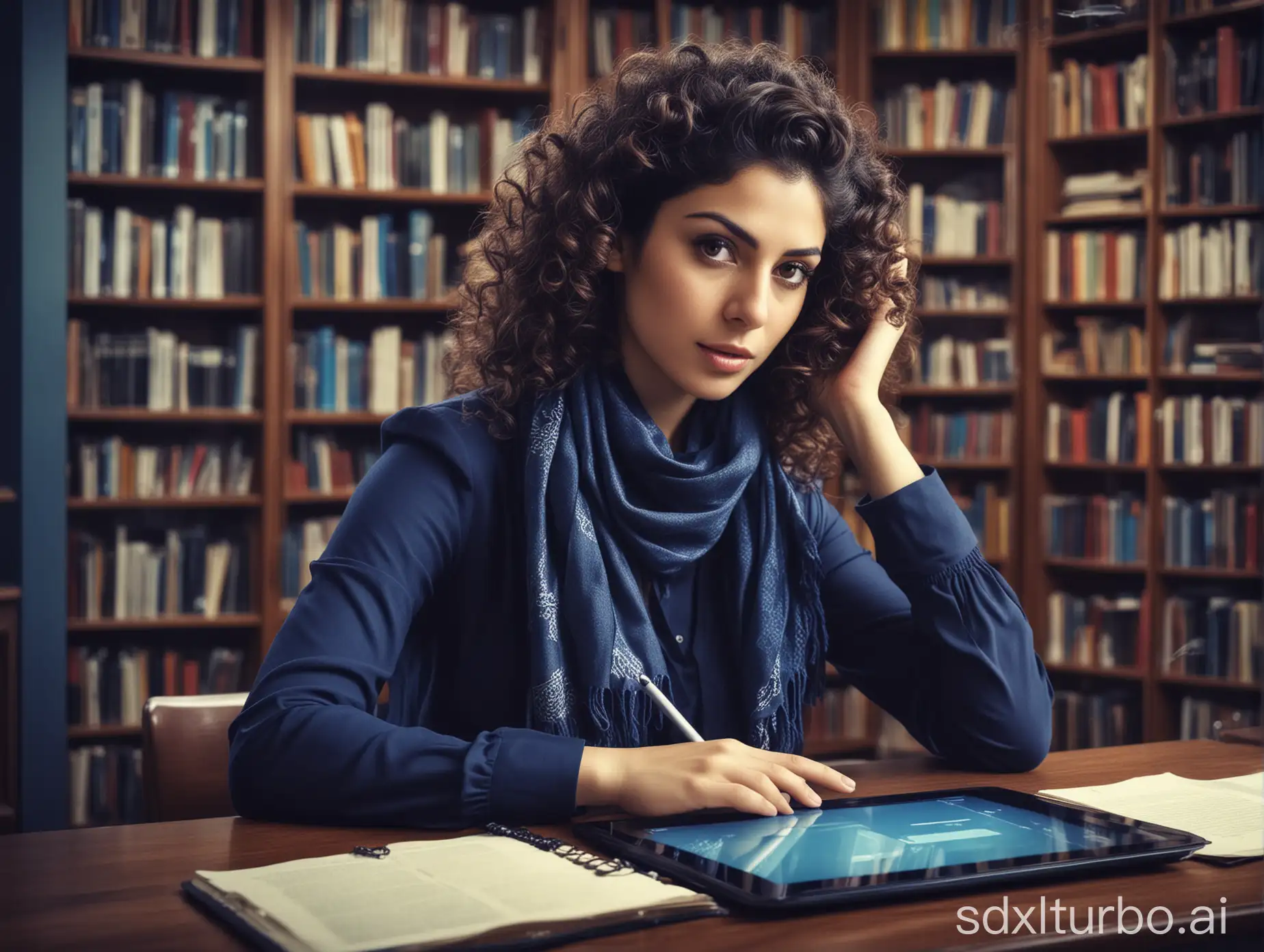 Elegant-Iranian-Woman-Working-on-Surface-Tablet-in-Busy-Library