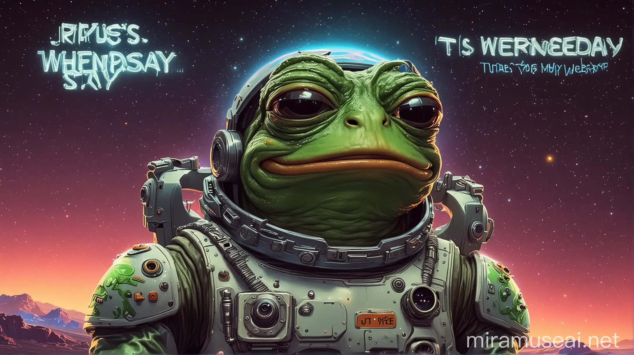 cartoon style, pepe frog from meme, heavily armored spacesuit, colorful neon glowing spacesuit, text "it is wednesday, my dudes", night sky