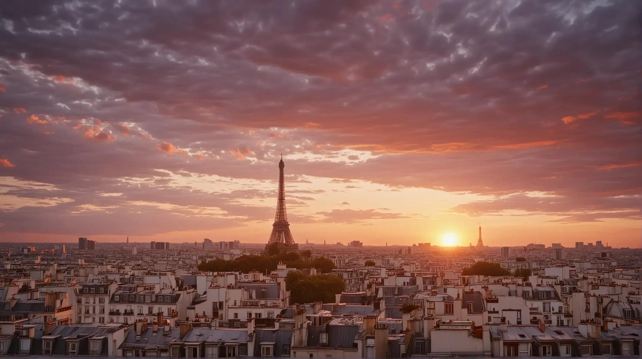 Paris at sunset, cimenatic lighting, colorful sky.