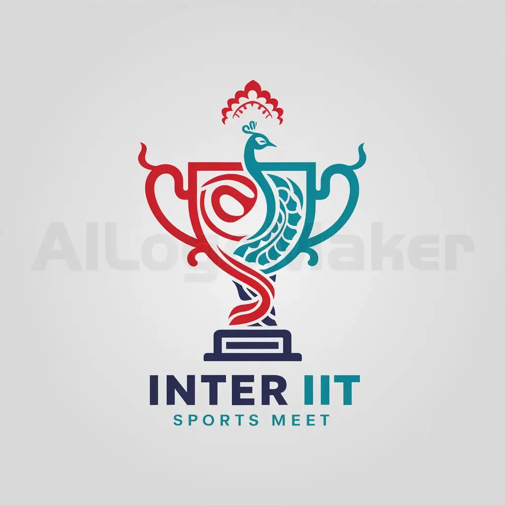 a logo design,with the text "Inter IIT Sports meet", main symbol:Design a logo that blends these three symbols seemlessly together- Trophy, Culture, and peacock. Keep it a split complementary color scheme with red, cyan, and blue.,Moderate,be used in Sports Fitness industry,clear background