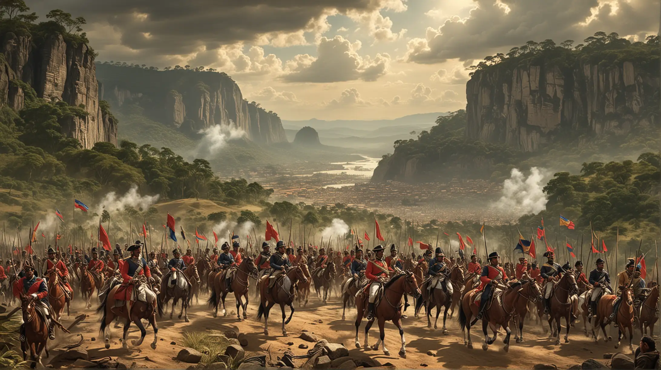 Visualize Bolívar's pivotal campaigns that shaped the fate of Gran Colombia:

Image Description: Create a sweeping panoramic view of Simón Bolívar leading his troops into decisive battles across the rugged landscapes of South America. Bolívar is depicted on horseback, his sword raised high, as his army marches triumphantly behind him, symbolizing the relentless pursuit of liberty and unity that defined the campaigns of Gran Colombia.