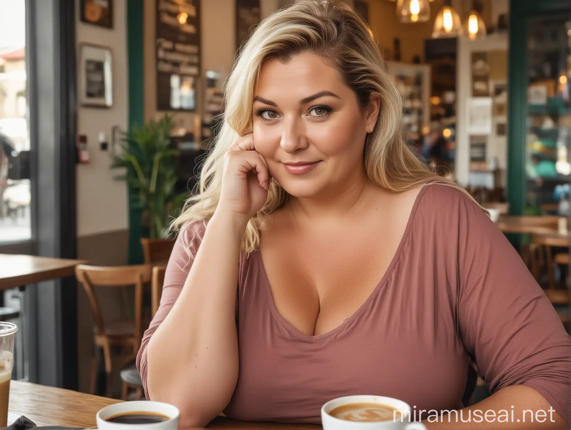 Chic Curvy Plus Size Woman Enjoying Coffee in Cozy Cafe