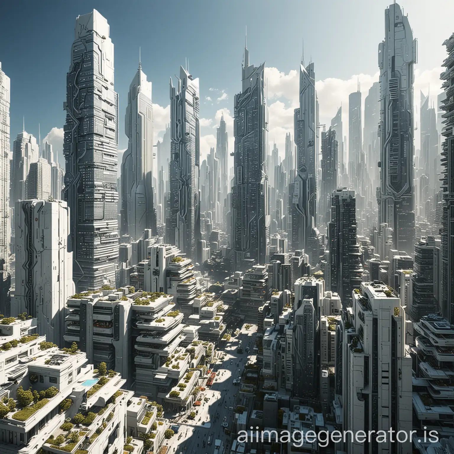 Futuristic city, white, sunny and skyscrapers, populated