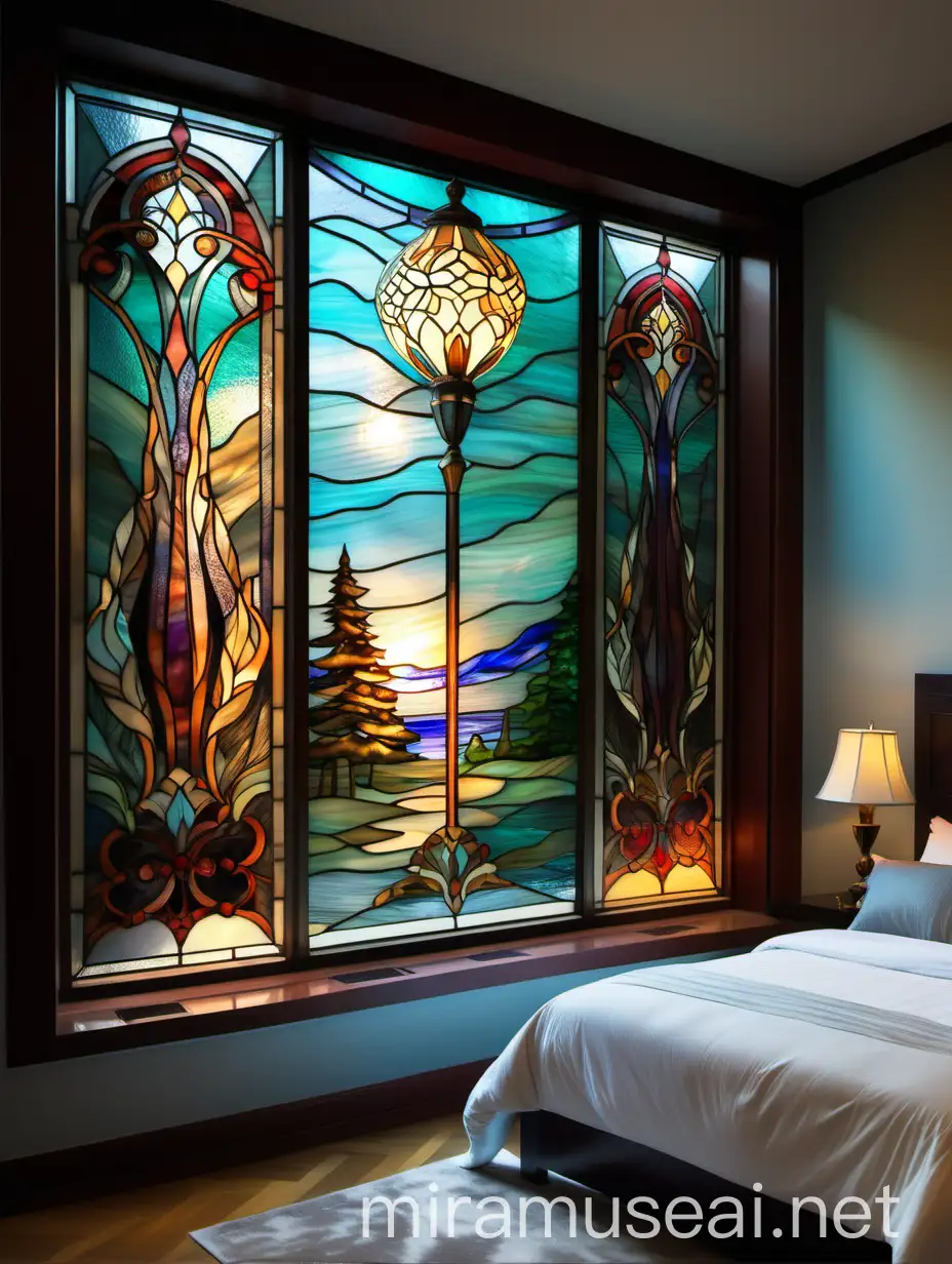 Витраж тиффани на большом панорамном окне в спальне в стиле абстракция сквер, аллея, фонарь