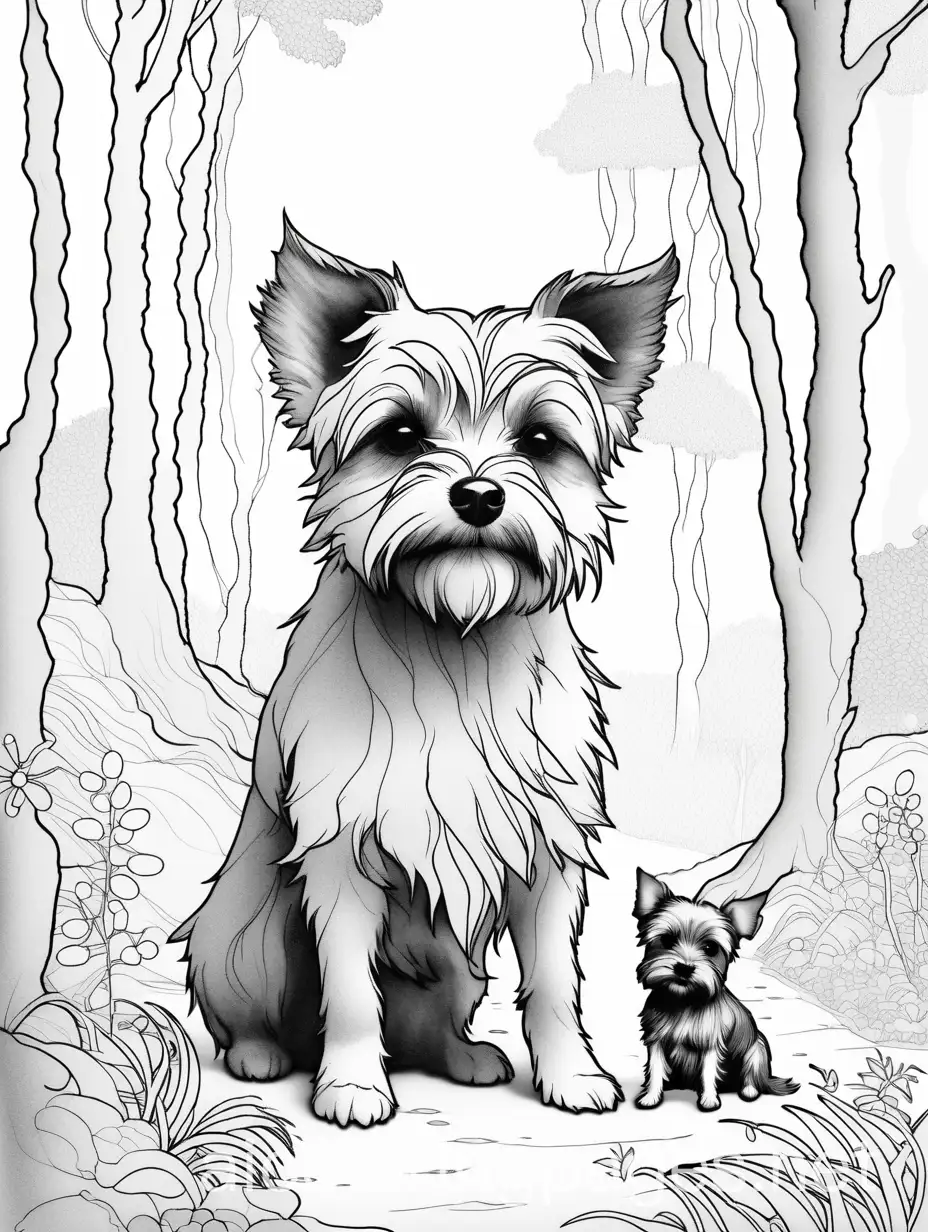 Stephen Gammell style, drawing, , watercolors, soft pastel forest, A tiny cute troll with his pet Border Terrier dog, digital painting fantasy high detail high definition hdr very cute matte background focused, Coloring Page, black and white, line art, white background, Simplicity, Ample White Space. The background of the coloring page is plain white to make it easy for young children to color within the lines. The outlines of all the subjects are easy to distinguish, making it simple for kids to color without too much difficulty