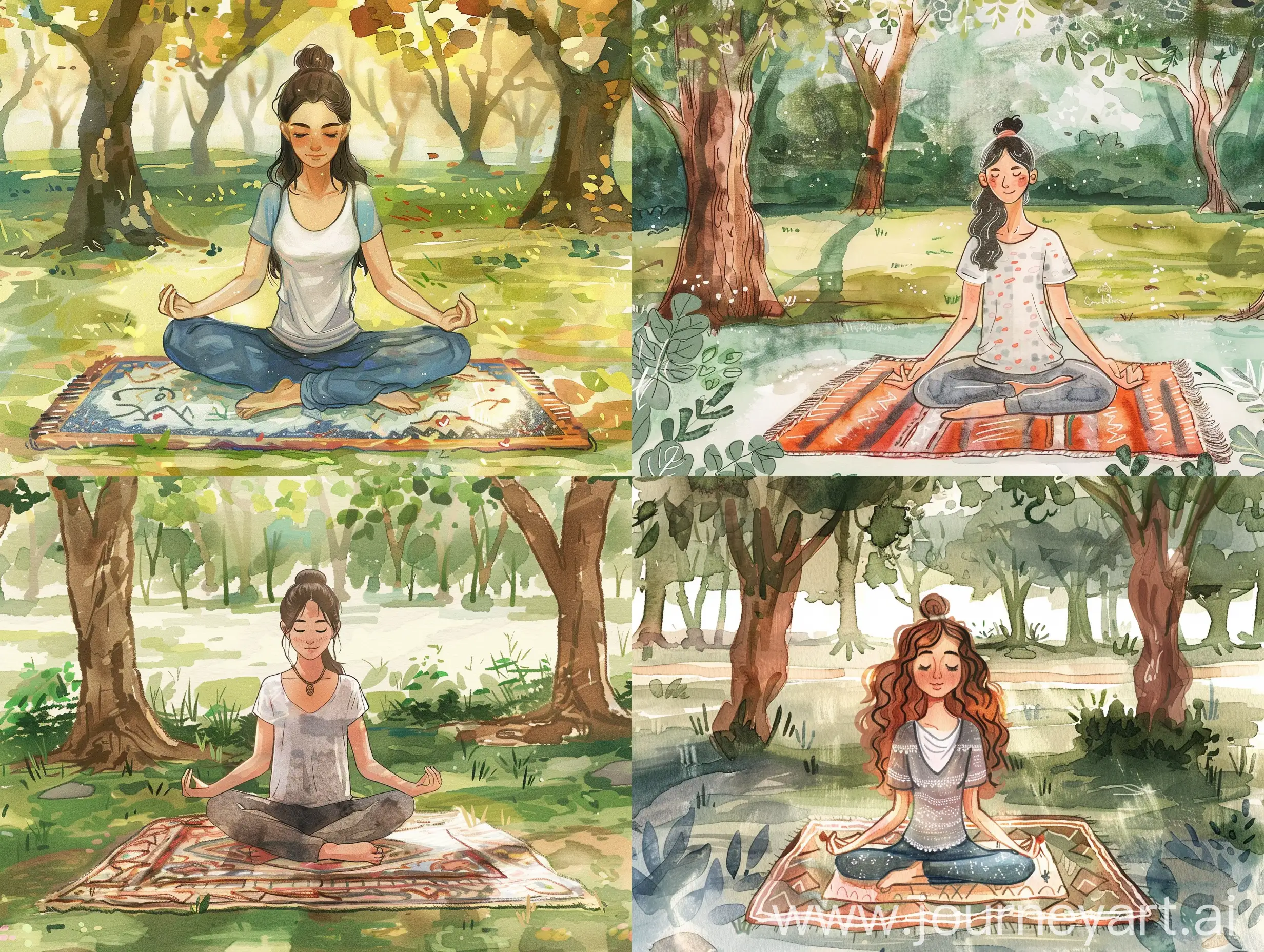 draw a yogi girl sitting in a lotus position, on a rug, in a clearing in the park