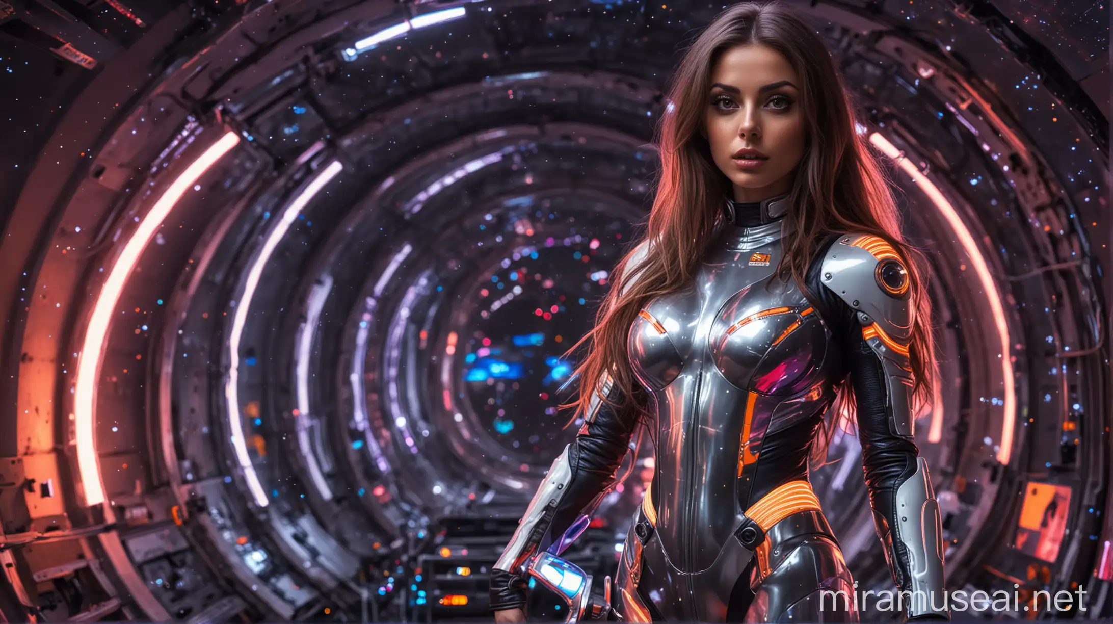 neon colors and light, italian girl, sexy makeup, big eyes and lips, slim, long hair, wild hair, full body, fitness model, big boobs, wide hips, huge tits, tight spacesuit, armored spacesuit, colorful spacesuit, glowing parts of spacesuit, futuristic planet, stars, planets, galaxies