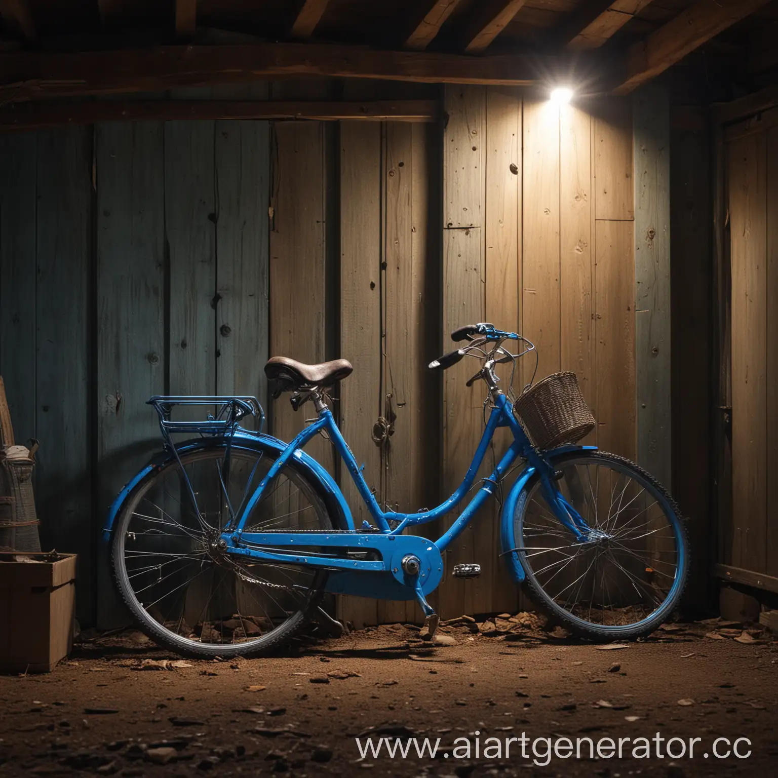 натюрморт в сарае с голубым велосипедом и на него падает луч света