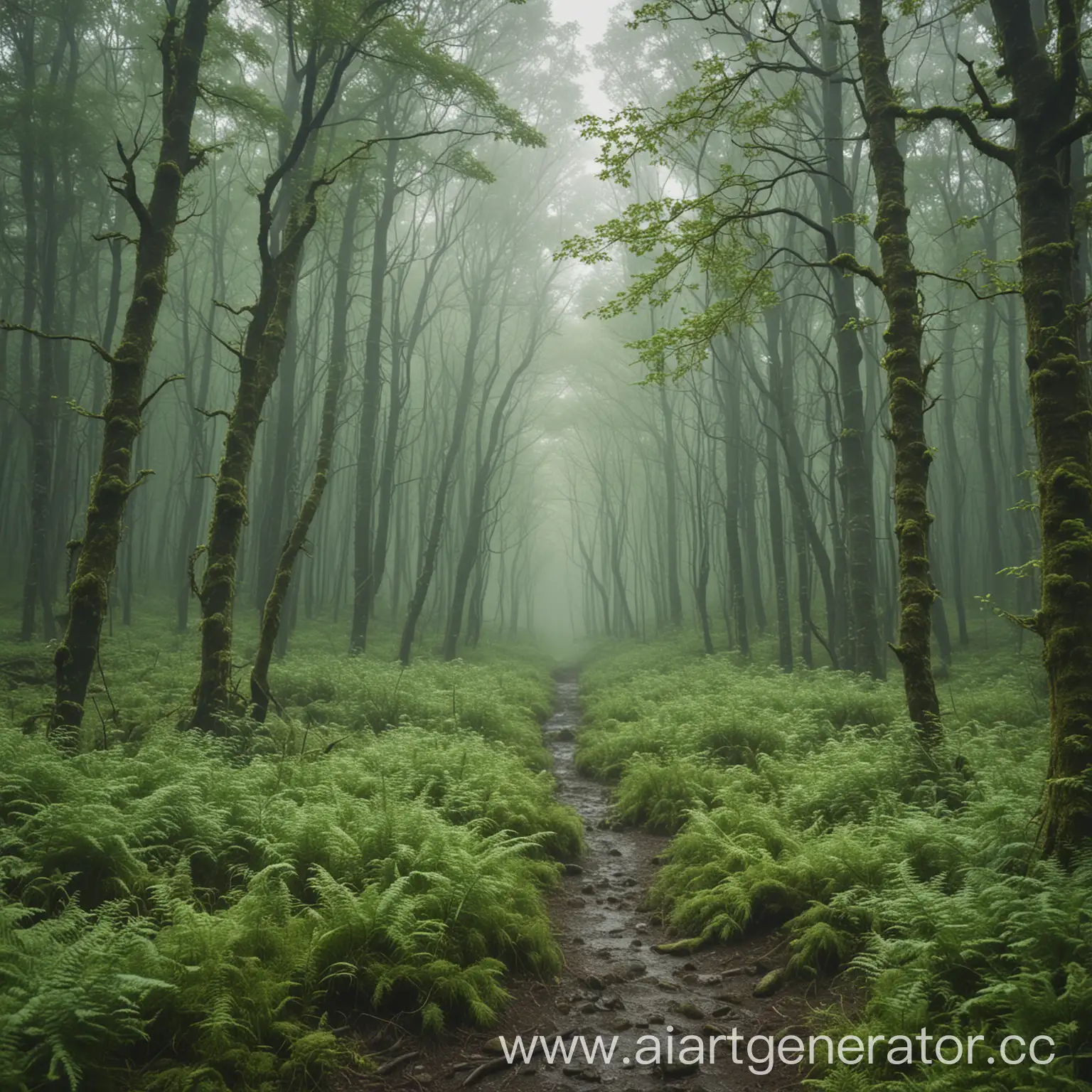 Mystical-Green-Forest-Painting-in-May-Amidst-Storm-and-Mist