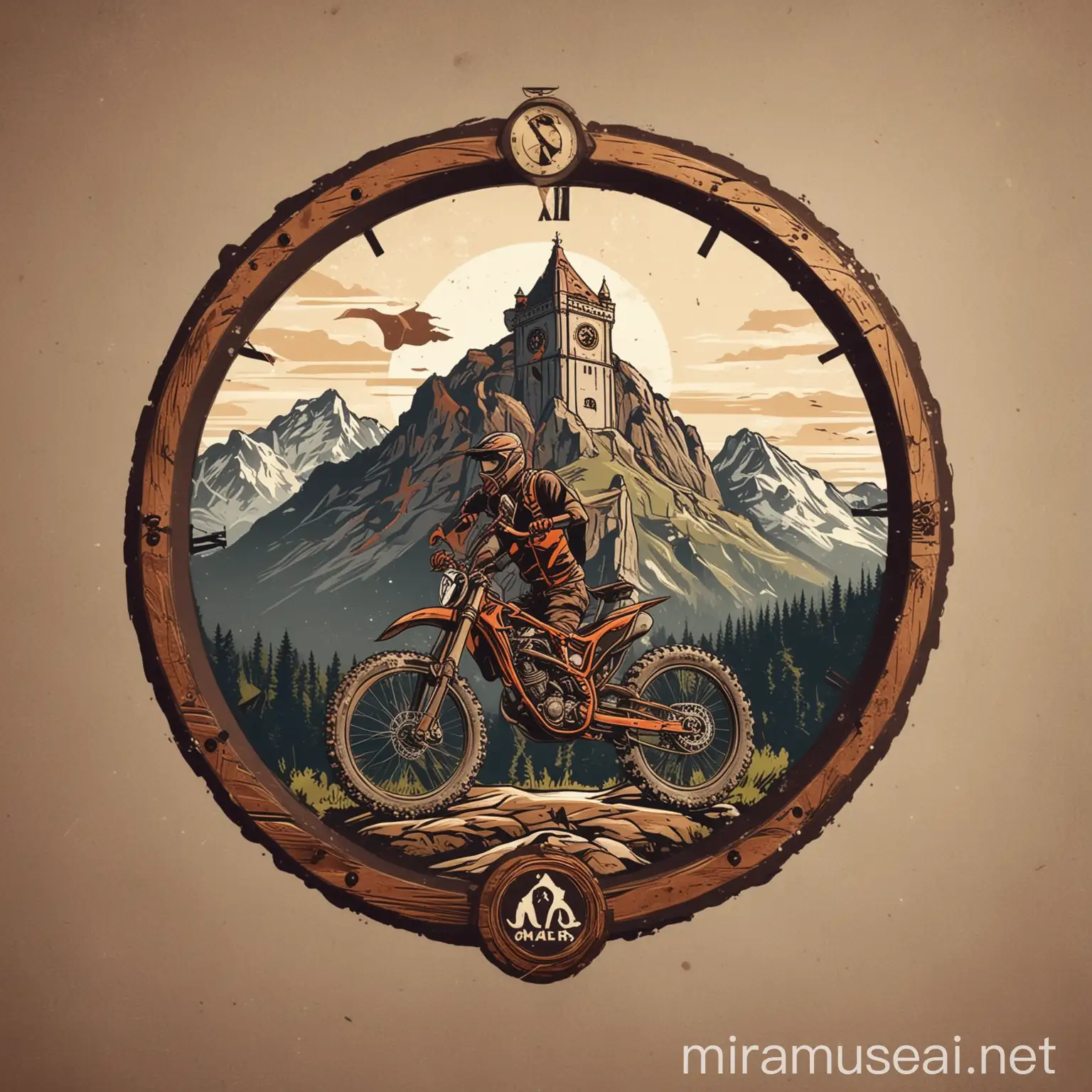 Make a logo. Enduro or cross-country bike. Clock tower behind. There are mountains in the background. logo in circle
