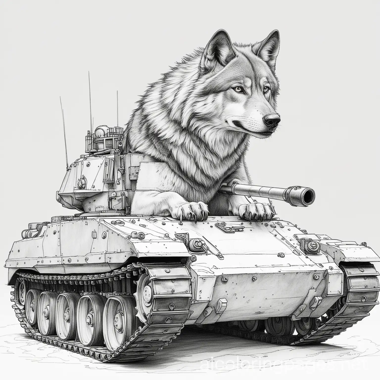 wolf driving a tank, Coloring Page, black and white, line art, white background, Simplicity, Ample White Space. The background of the coloring page is plain white to make it easy for young children to color within the lines. The outlines of all the subjects are easy to distinguish, making it simple for kids to color without too much difficulty