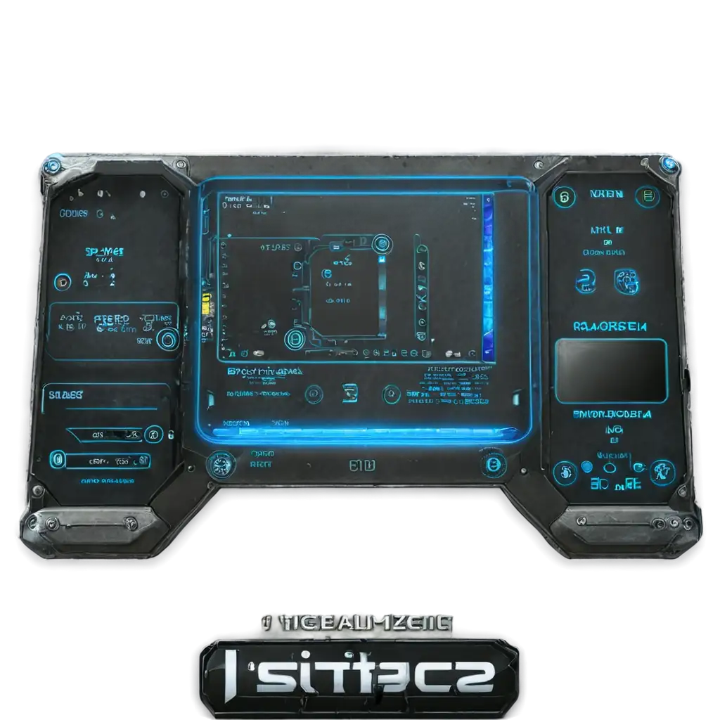 Create a rectangular resizable UI frame tailored for an RPG game set in a hi-tech, robotic world. Infuse the design with futuristic elements reminiscent of advanced machinery and robotics, including sleek metallic textures, glowing circuitry, and intricate mechanical details. Ensure the frame maintains a dynamic appearance while allowing for vertical and horizontal resizing, enhancing both usability and immersion within the game interface.