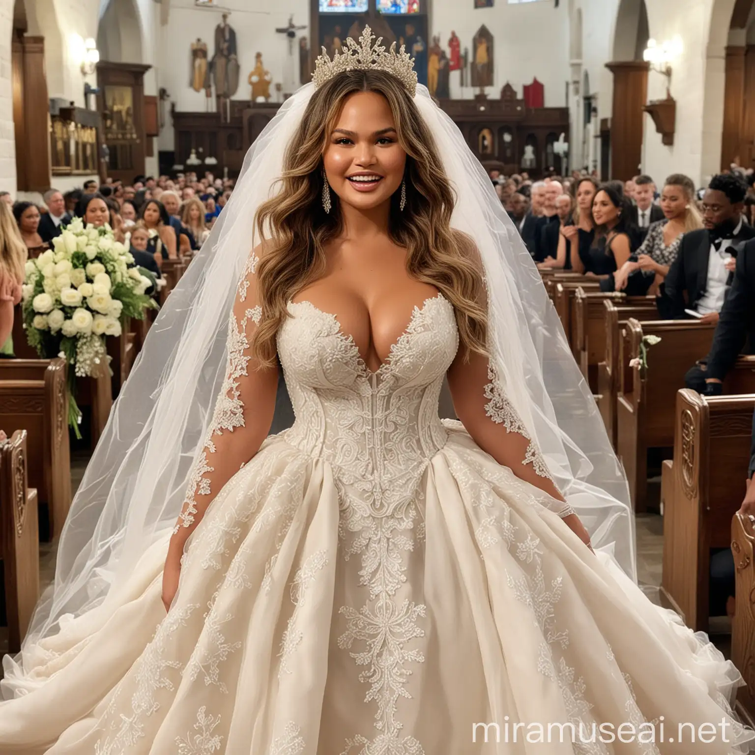 Chrissy Teigen wearing a wedding dress in church, bbw, big long kinky hair, showing massive cleavage, giant breasts