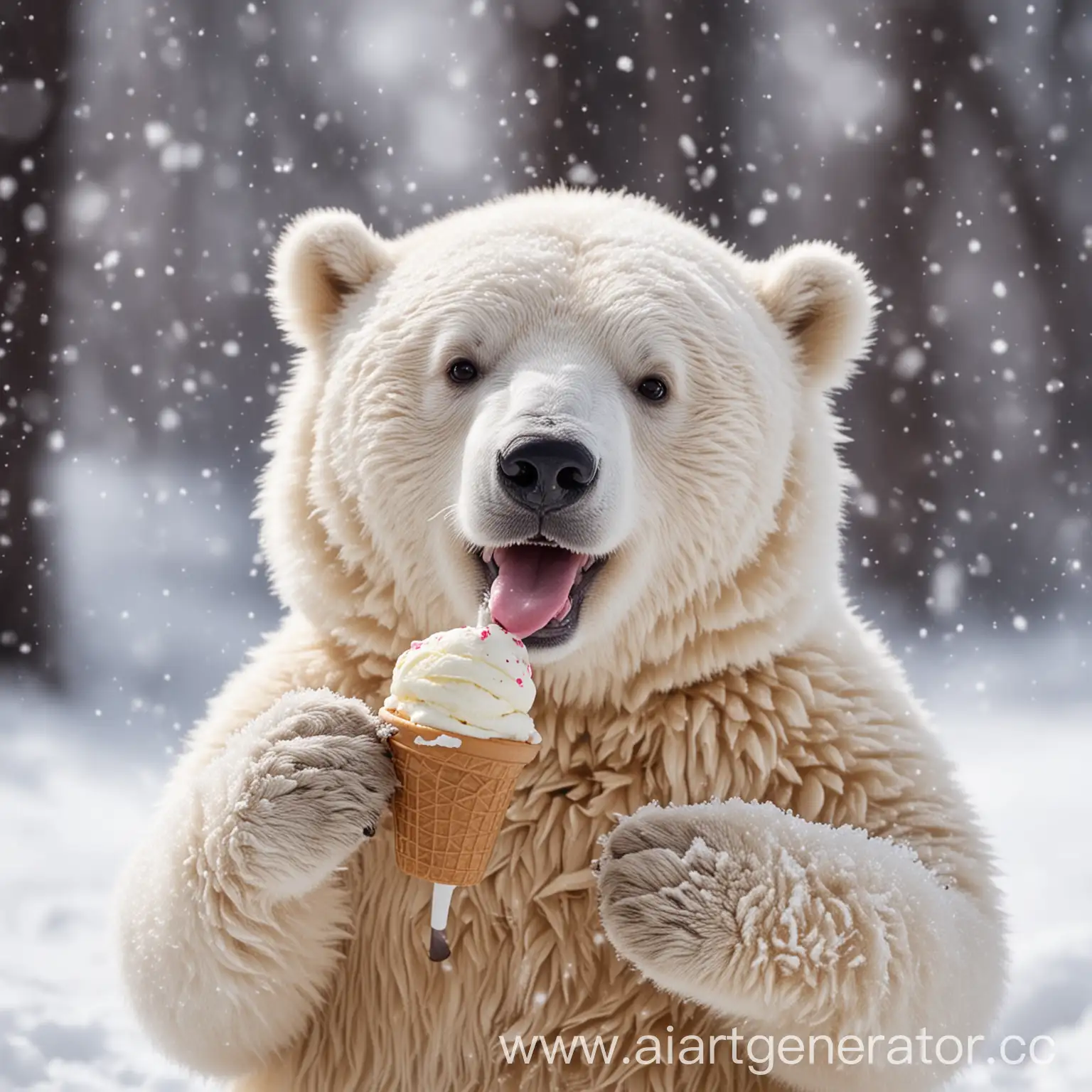 White bear eats ice cream in a little cup and smiles, snow, ice