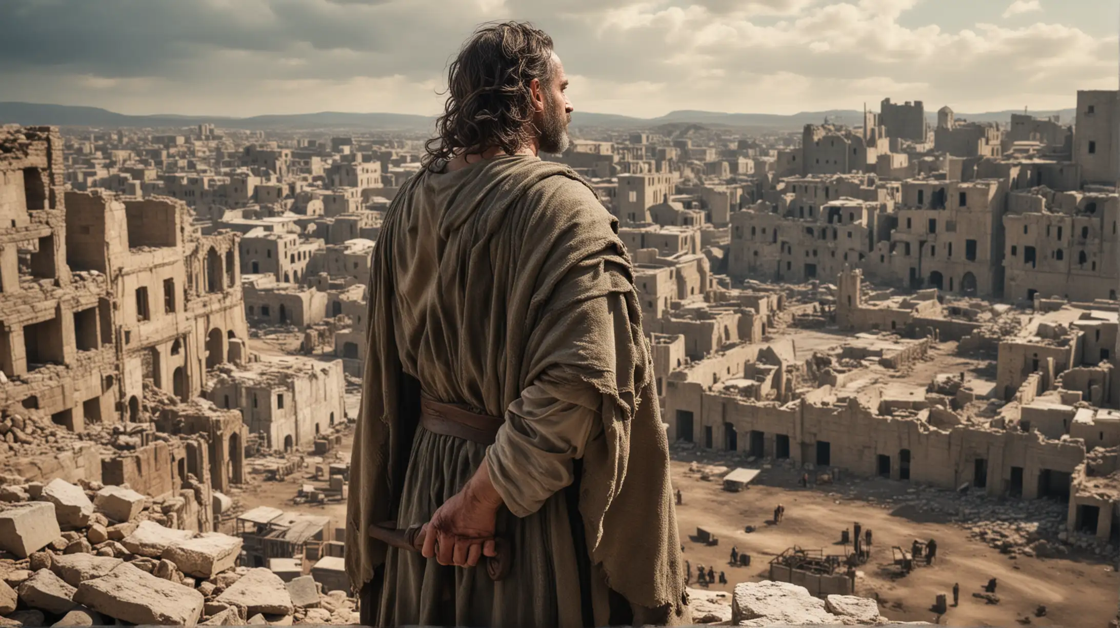 A close up view of a middle aged Biblical Nehemiah standing beside a desolate city, with broken walls, and ruined  buildings. Set during the Biblical era.