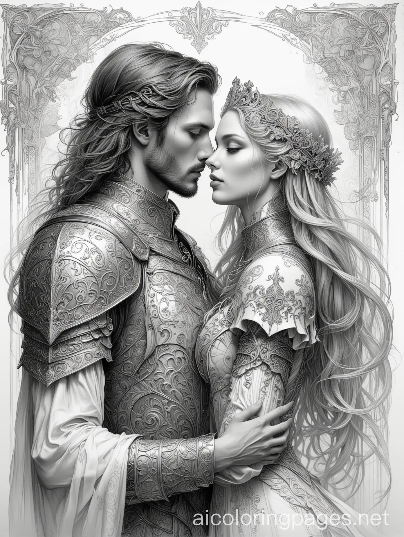 knight and his Lady , fantasy, ethereal, beautiful, Art nouveau, in the style of Yossi Kotler, fantasy, Coloring Page, black and white, line art, white background, Simplicity, Ample White Space. The background of the coloring page is plain white to make it easy for young children to color within the lines. The outlines of all the subjects are easy to distinguish, making it simple for kids to color without too much difficulty
