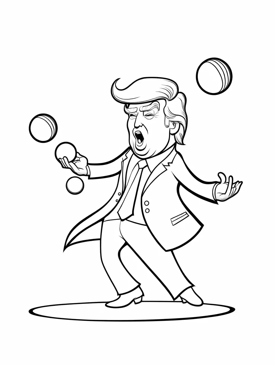 cartoon caricature of donald trump juggling, Coloring Page, black and white, line art, white background, Simplicity, Ample White Space