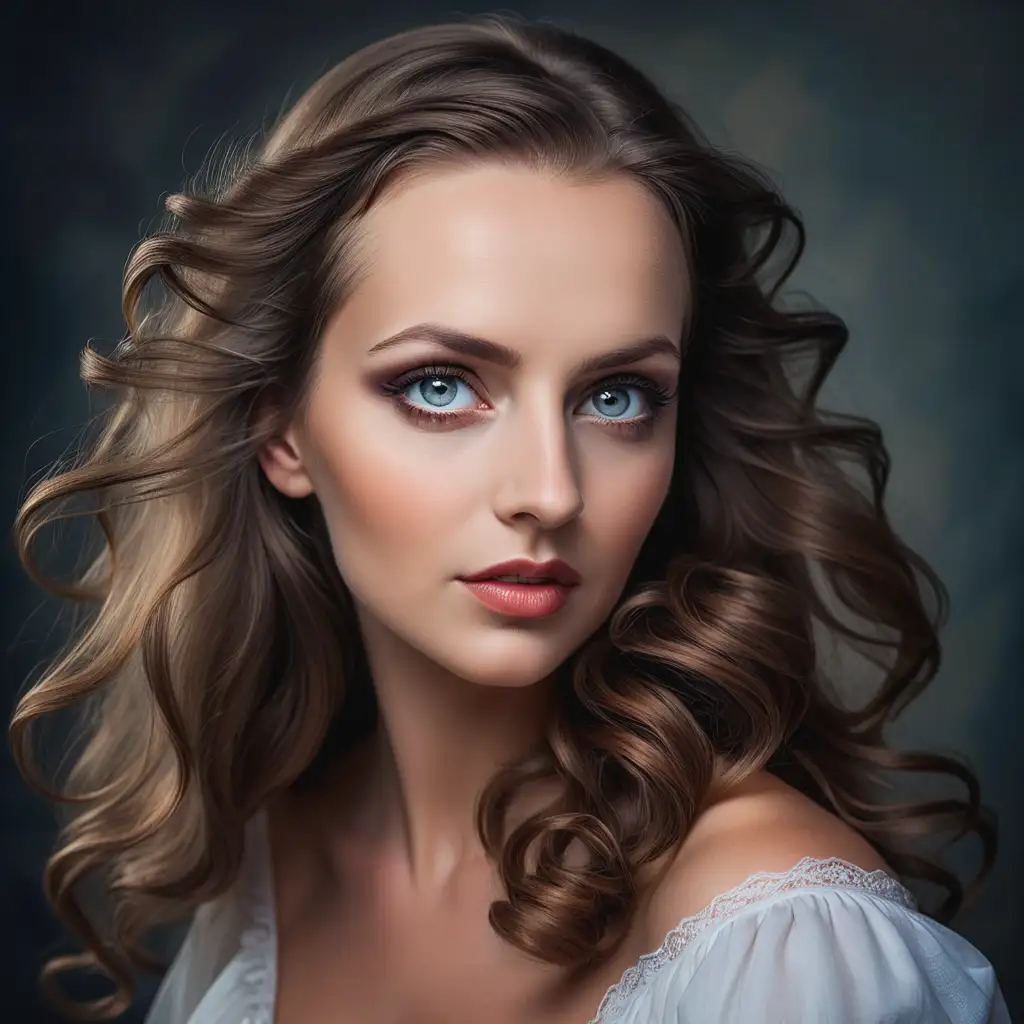 Natural Elegance Woman with Long Wavy Brown Hair and AlmondShaped Eyes