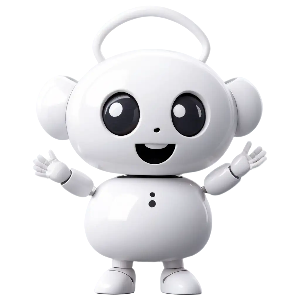 Rounded design and a friendly but professionally looking white robot head. Its ears should be replaced with robot hands with open arms to wave.