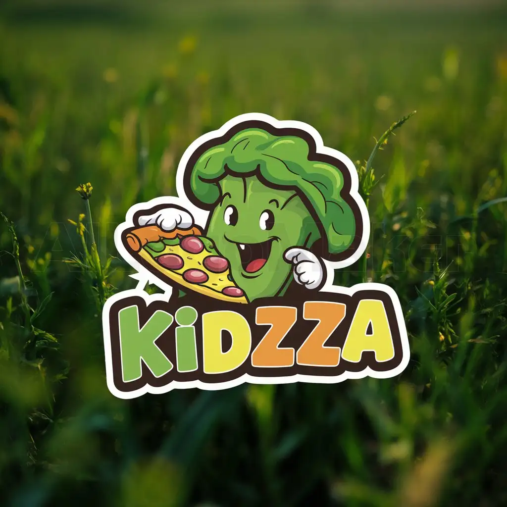 a logo design,with the text "kidzza", main symbol:that a spinach be animated eating pizza and give me the background that is green,Moderate,clear background