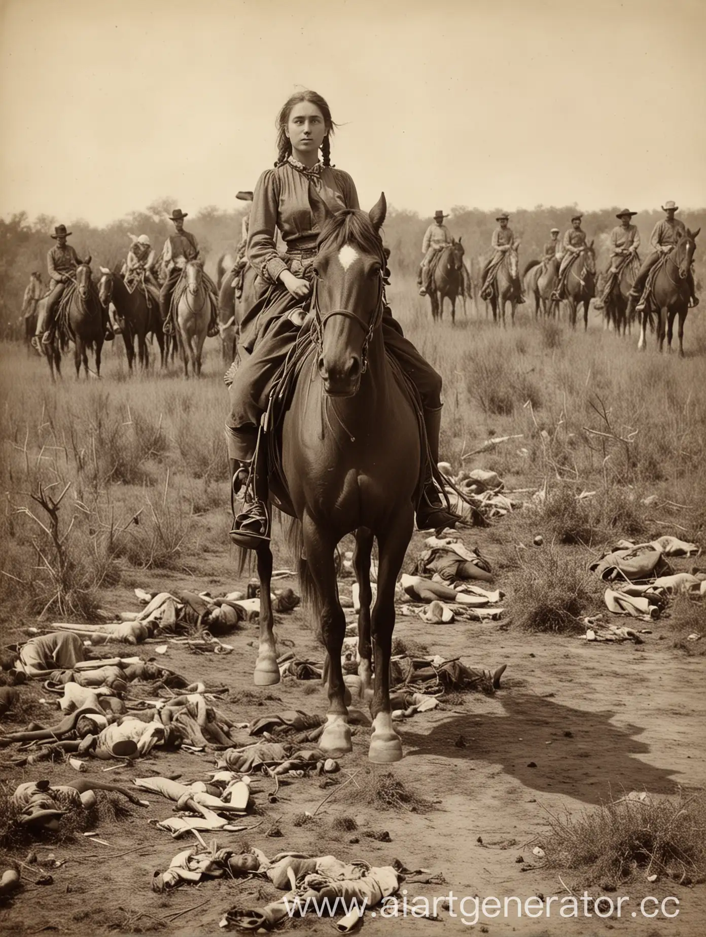 Brave-Girl-on-Horseback-Amidst-Fallen-Enemies-Texas-1880
