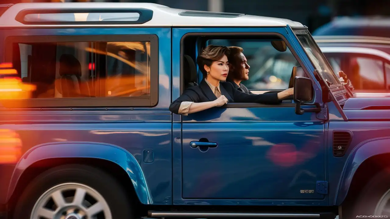 Elegant Woman Driving 2024 Land Rover Defender 90 in Beijing Morning Scene