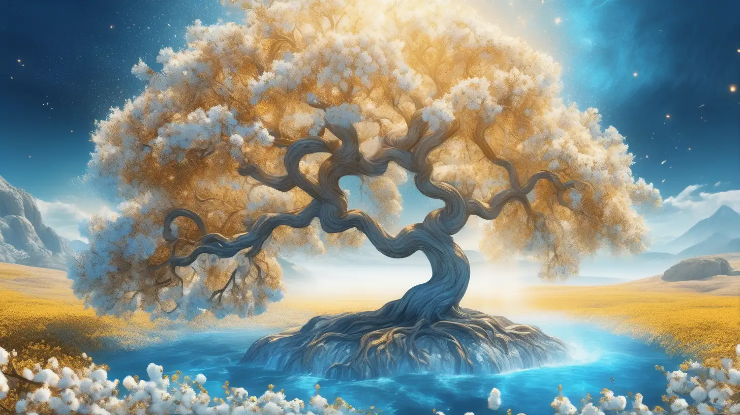 A shiny-golden tree in White flaming water and a big white and sky-blue floral tree, in a dreamy land, surrounded by golden dust and small dark blue flowers. Background sky with golden light. 8k, fantasy. Cotton flowers and clouds.