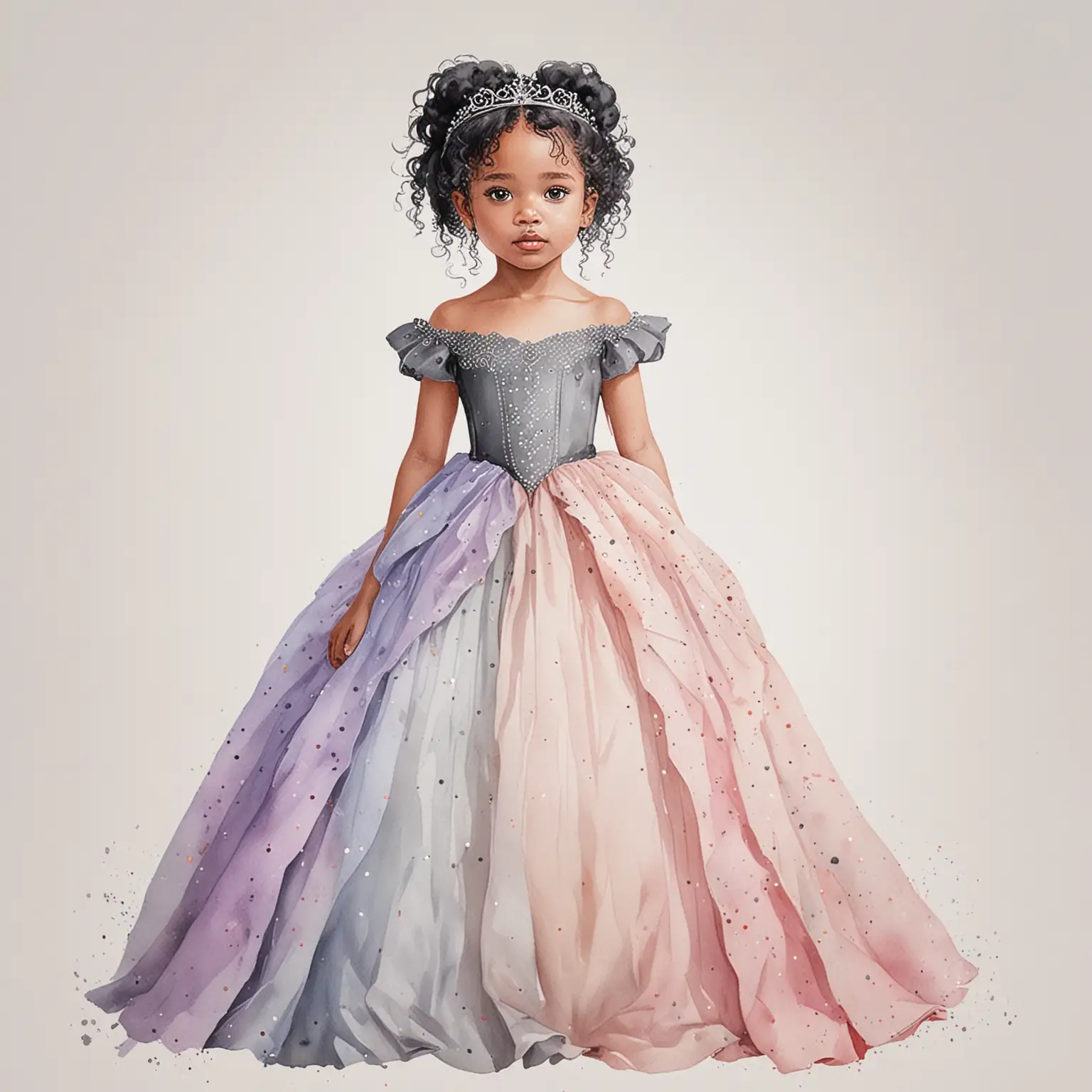 watercolor black princess with pastel princess dress with a white background