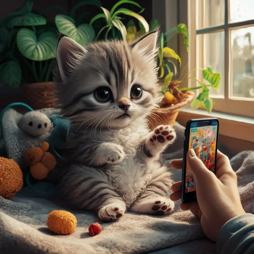 Adorable kitten with large, bright eyes, soft and fluffy fur, tiny paws, extremely cute expression, looking at a colorful smartphone screen, vibrant indoor setting with sunlight streaming in, warm and cheerful atmosphere, high resolution, ultra-detailed, realistic texture, playful mood, surrounded by playful toys, green plants, cozy blanket, detailed whiskers, heartwarming innocence.