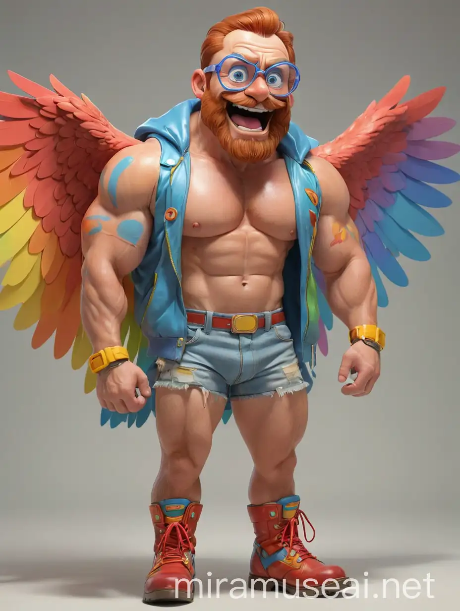 Big Eyes Subtle Smile Topless 40s Ultra Beefy Red Head Bodybuilder Daddy with Beard Flexing his Big Strong Arm Wearing Multi-Highlighter Bright Rainbow Colored See Through huge Eagle Wings Shoulder Jacket short shorts Long Muscled legs low leather boots and Doraemon Goggles on forehead