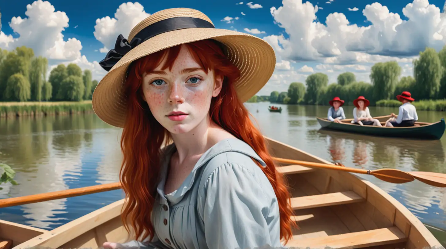 Young Woman with Red Hair and Hat by the River Serene Scene with Row Boats and Clouds