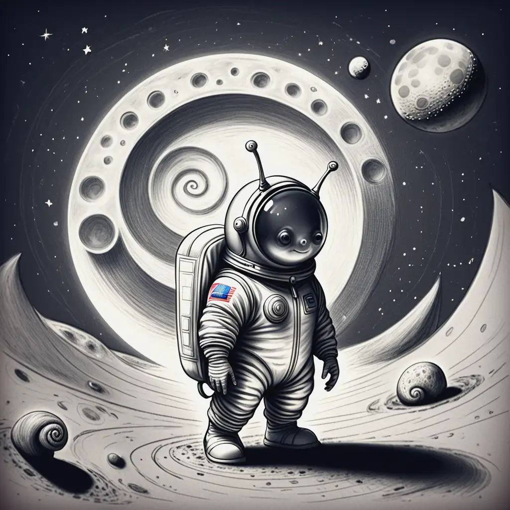 生成一幅画素描画，内容是一只穿着宇航服正在探月的蜗牛
