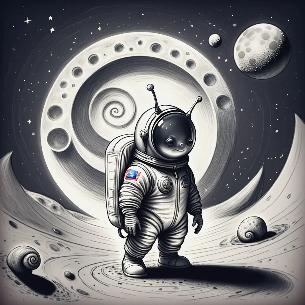 generarte a graphic in pencil sketch style, content is a snail wearing a space suit exploring the moon