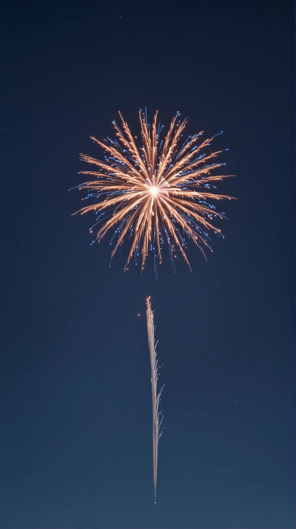 one very miniscule colored super SMALL glowing firework High in the sky with a very big natural darkish bold blue sky background with dimension to it and with no ground