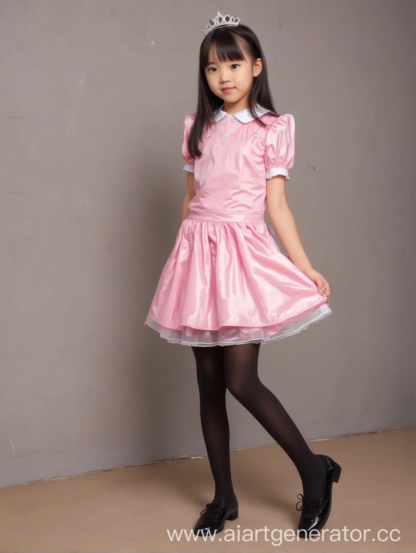 穿着粉色公主裙，黑丝袜和皮鞋的亚洲漂亮小学生