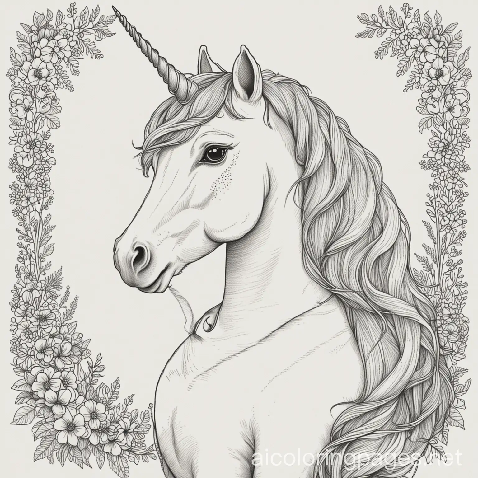 ein einhorn auf einer Hochzeit, Coloring Page, black and white, line art, white background, Simplicity, Ample White Space. The background of the coloring page is plain white to make it easy for young children to color within the lines. The outlines of all the subjects are easy to distinguish, making it simple for kids to color without too much difficulty