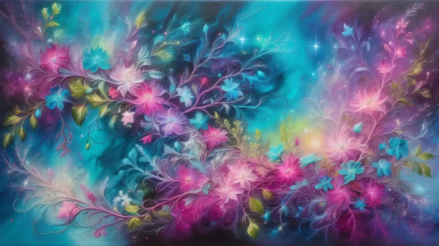 textured oil painting of abstract art of florescent colors of turquoise-neon and pinks and silver and golden-whites in pink dust and a magical magenta florals glowing with luminescent  green vines among blue and purple galaxies and small-pink-oak leaves with bright turquoise