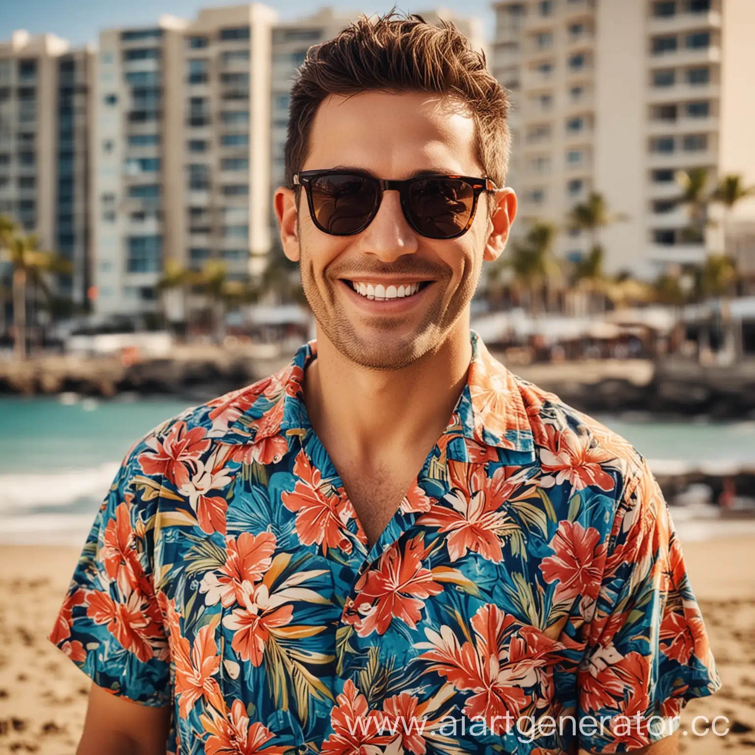 улыбающийся человек в пляжной рубашке и очках на фоне городского пляжа