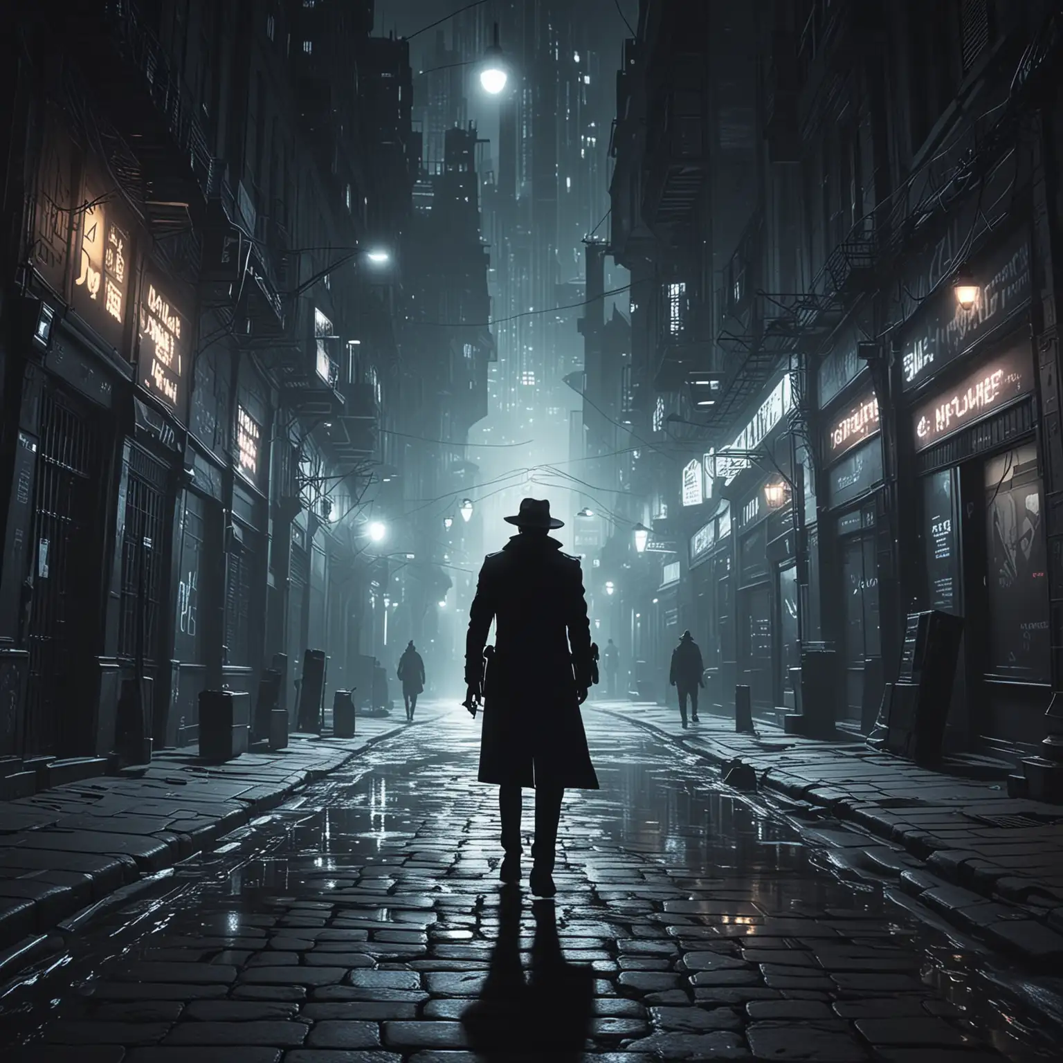 Shadow Worker in the street, Arcane Algorithms fly through the air, midnight mood, Eyes in the dark detective in a very futuristic city

