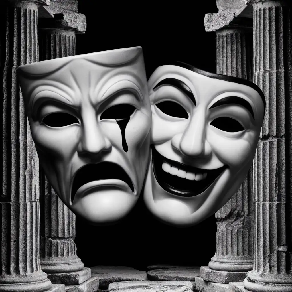 Greek Tragedy and Comedy Masks in Theater Setting