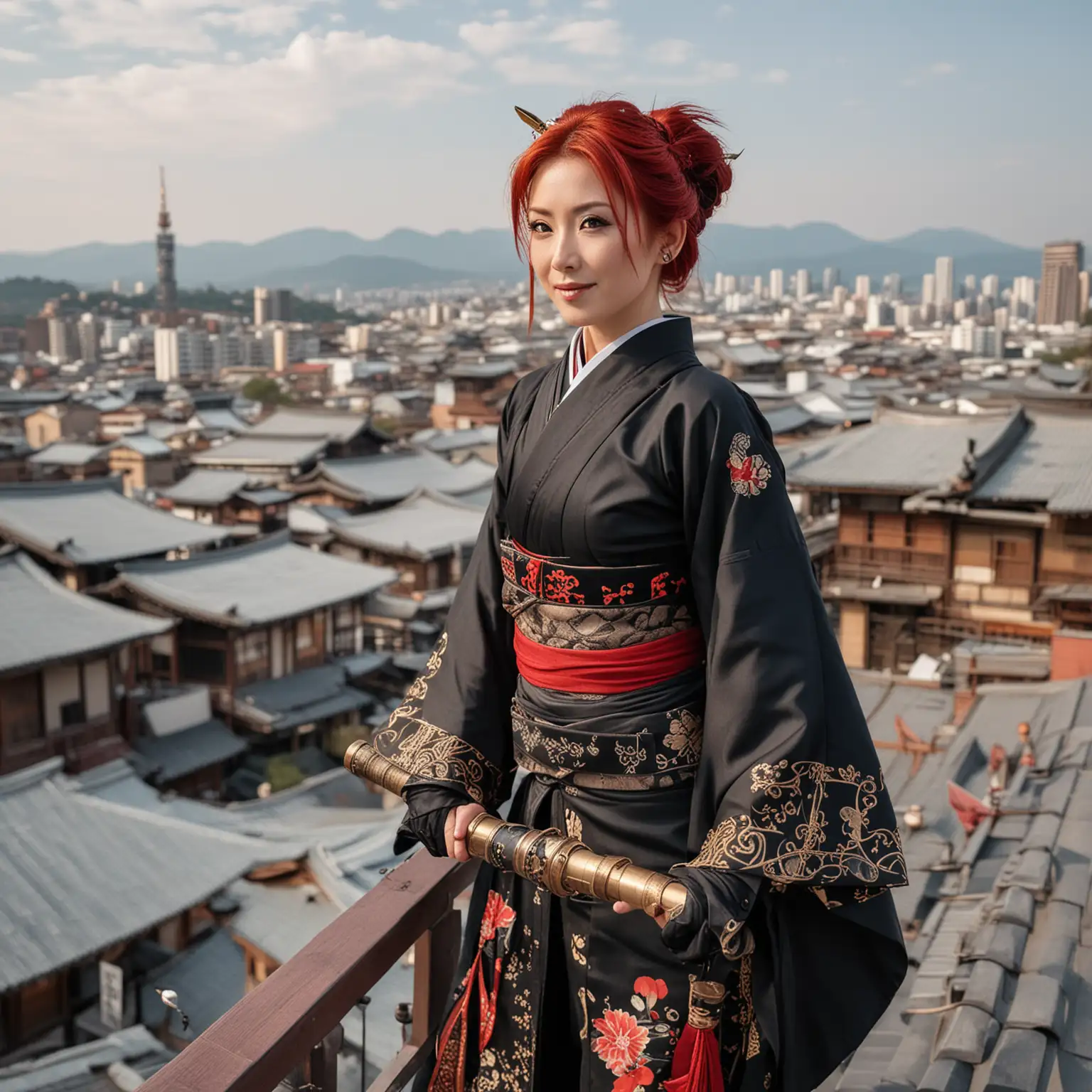 A petite, 40 year old ukrainian-Japanese woman with red hair. She is dressed as a steampunk geisha. she is on a rooftop looking over steampunk Kyoto. She has a half smile, and is wearing katanas as she is a swordswoman too