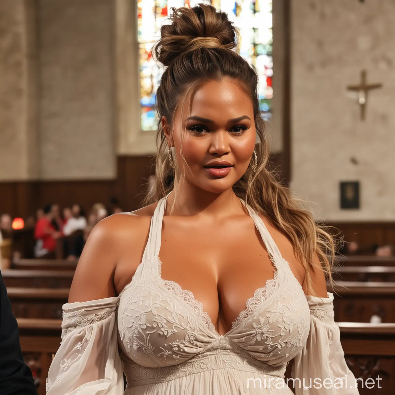 Chrissy Teigen Pregnant in Church Big Belly and Bold Style