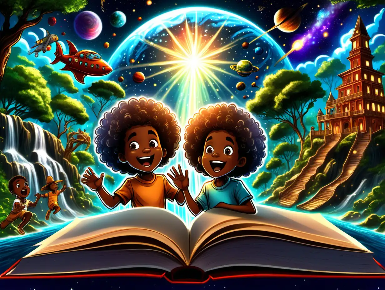 Cartoon-style image of an open magical book with a glowing, enchanting aura. In the center of the book, 2 little African American boys with big curly afros, aged 3 and 6, stand excitedly. Around them, various adventure scenes like space, underwater, jungle, and historical landmarks pop out like a pop-up book. The background is a vibrant, dreamy landscape 