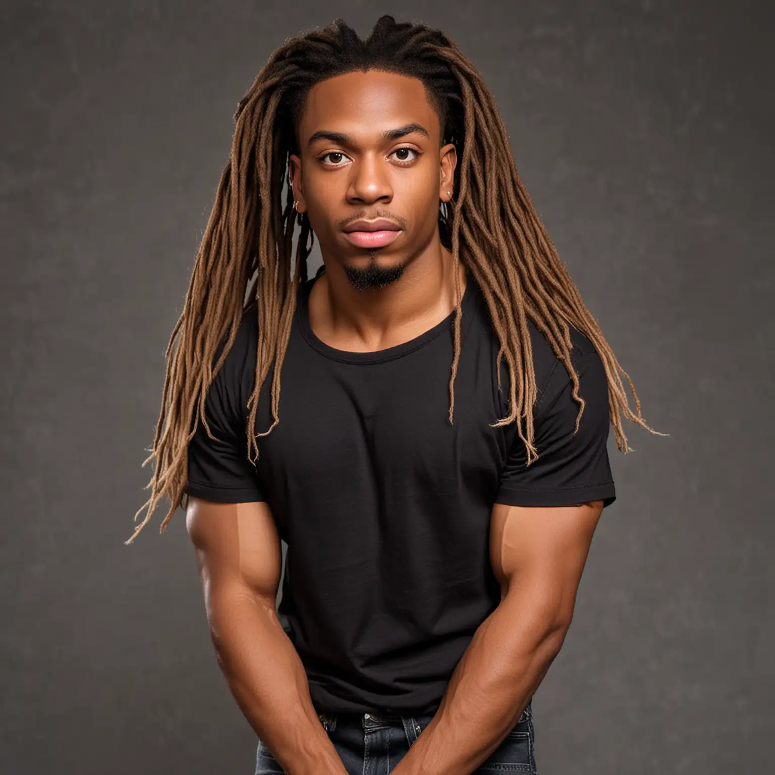 A 6’5 black man with nutmeg skin complexion, with a serious face, has on a black t-shirt pulled tightly over his big muscles. His tight jeans are pulled over his thick leg muscles. He has light brown eyes, long eye lashes, and thick pink lips. His long dreads go past his shoulders. 
