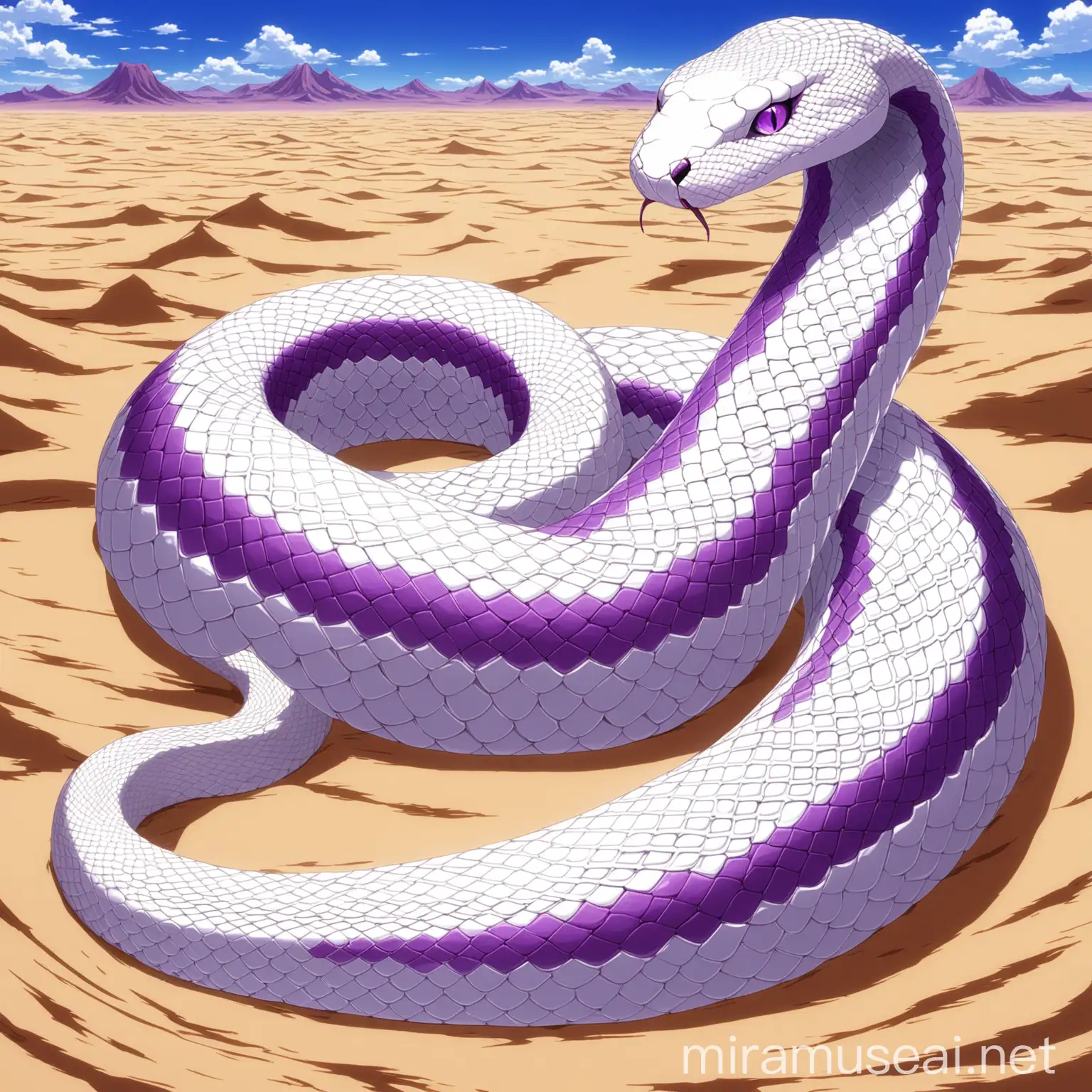 a giant white snake of the desert, it is full of purple stripes, it has purple eyes, in anime