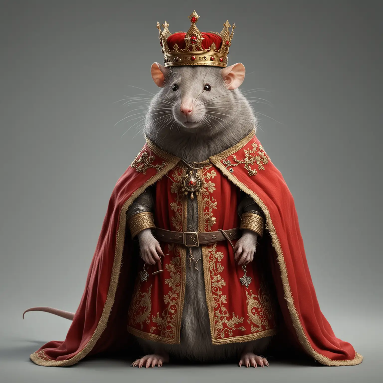 реалистичная хитрая крыса-король в средневековом наряде короля, красной мантии и короне в полный рост