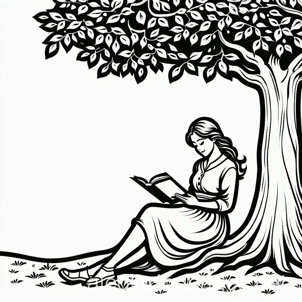 Woman reading book under tree., Coloring Page, black and white, line art, white background, Simplicity, Ample White Space. The background of the coloring page is plain white to make it easy for young children to color within the lines. The outlines of all the subjects are easy to distinguish, making it simple for kids to color without too much difficulty